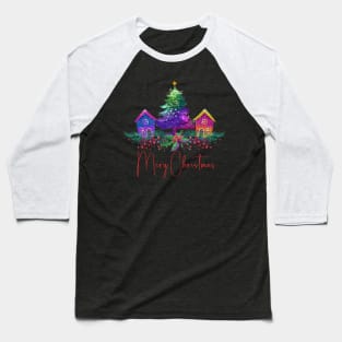 Vintage Christmas Village - Vibrant Colored Gingerbread Homes - Christmas Tree - Retro Christmas Scene Baseball T-Shirt